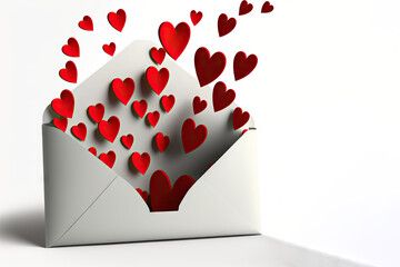 Red hearts floating out of a white envelope. Sending love on Valentine's day concept. Generative AI.