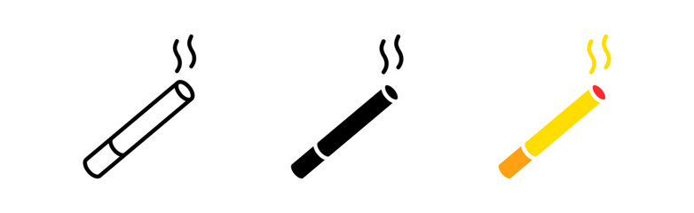 Cigarette icons set. Unhealthy, nicotine, smell, habit, harmful, tobacco, smoke, abuse, addiction, forbidden, disease. Health concept. vector line icon in different styles