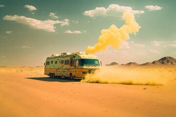 RV in the Desert. Yellow smoke pouring from the roof