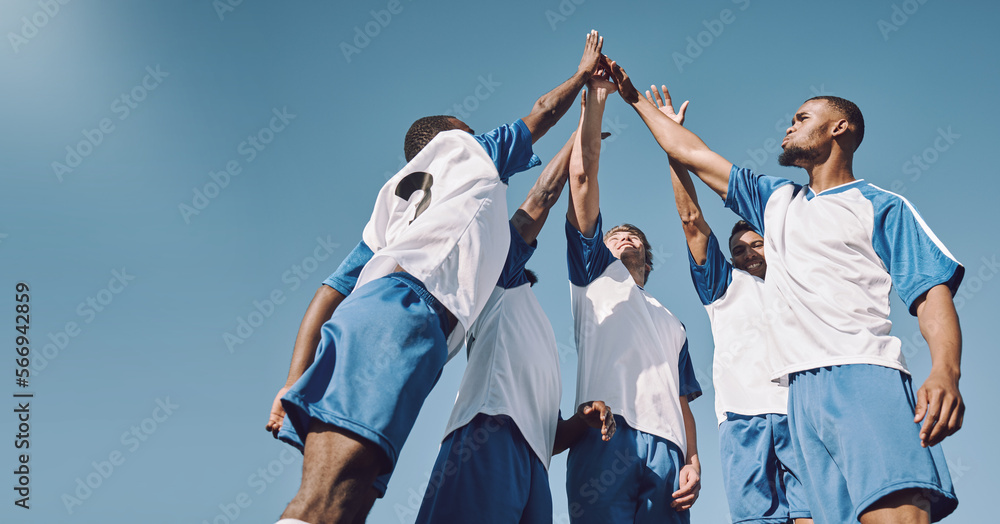 Canvas Prints Soccer, team high five and men celebrate winning at sports competition or game with teamwork on field. Football champion group with motivation hands for a goal, performance and fitness achievement