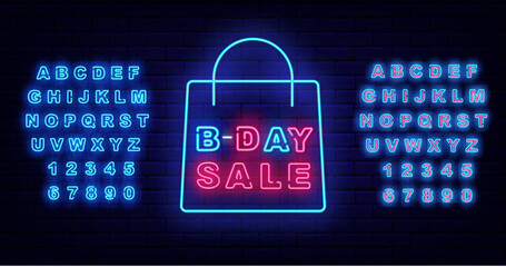 Bday sale neon label on brick wall. Birthday special offer. Luminous blue alphabet. Vector stock illustration