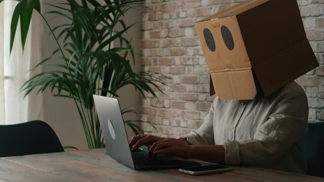 One person with cardboard on his head winning after working on laptop. Successful and identity concept business. Anonymous user on computer. Hacking crimes. Online activity. Overjoyed people at desk