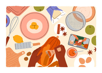 Hands cooking by internet recipe in online video tutorial on mobile phone screen, top view. Cook process, preparing, making dish from food ingredients, squash, pumpkin. Flat vector illustration