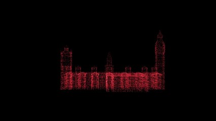 Obraz premium 3D Big Ben in London on black background. Object dissolved red flickering particles. Science concept. Abstract bg for title, presentation. Holographic screensaver. 3D animation