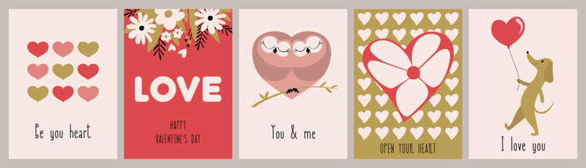 Valentine's Day greeting cards. Painted illustrations with hearts, flowers, words and a dog. For publications on social networks, mobile applications, advertising, web.