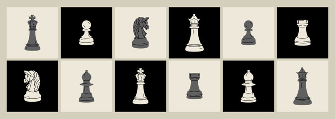 Chess game training. Black and white figures on chessboard. Home hobby for child or adults. Strategy or intelligence skills development concept. Leisure activities illustration. All items are isolated