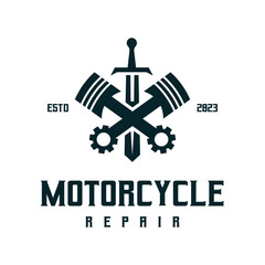 Cross engine piston inspiration with blades. Vector vintage motorbike repair service label