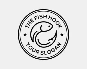 Fish Hook Fishing Catch Bait Fisherman Line Art Minimalist Vintage Stamp Seal Vector Logo Design