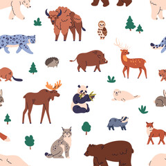 Seamless pattern, wild animals. Endless fauna background design, repeating print. Repeatable wildlife, beasts texture, bison, elk, panda, bear, boar. Flat vector illustration for textile, fabric