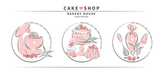 Cake shop logo. Set of design for pastry and bread shop.Planetary stationary dough mixer, kitchen tools and cakes and berries. Vector illustration
