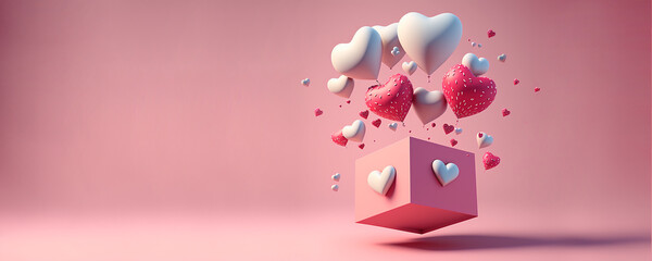 Fototapeta valentines day concept 3D heart shaped balloons flying with gift boxes on pink background. Love concept for Happy Mother's Day. Valentine's Day. Generative AI obraz