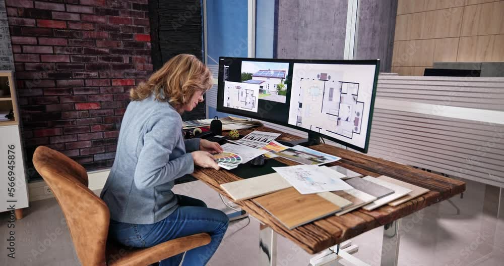 Aufkleber side view of real estate designer working on computer