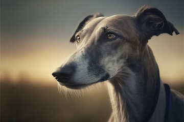 Portrait photo of an adorable Greyhound dog. Greyhound closeup view. Confident purposeful Dog looking left. Field around. A beautiful dog photo for advertises. generative AI
