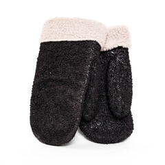 Fur working handles for welding work. Insulated gloves for working in winter conditions. Black fur mittens.