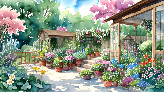 garden with flowers generative Ai watercolor painting