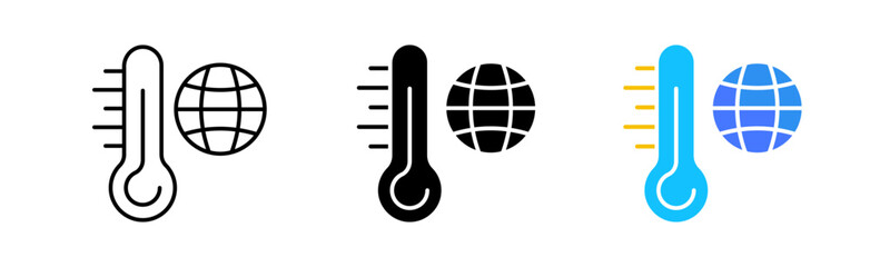 Thermometer with globe line icon. Temperature, forecast, weather, warning, thunderstorm, sun, warning, peace, rise, fall, danger, recovery. Vector icon in line, black and colorful style