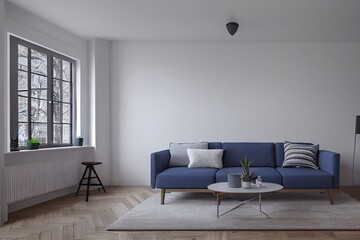 mock up poster frame in boho interior background, wooden living room design, Scandinavian style. Generative AI illustration