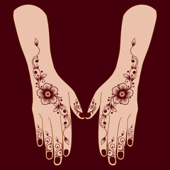 simple henna mehndi design on two hands indian arabic Indonesian asian culture vector illustration