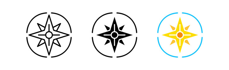 Compass line icon. Traveler, geography, poles, target, mark, place, goal, path, race, performance, designation. Vector icon in line, black and colorful style on white background