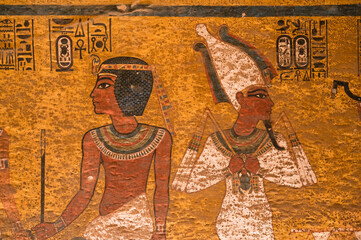 Colorful paintings and hieroglyphics of inside Tutankhamun tomb at Valley of the Kings, Egypt
