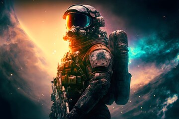 Fototapeta premium Elite soldier in space. Ready for attack. Background. Back view is space. Mixed AI