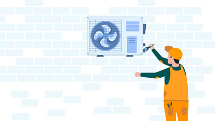 Professional worker of ventilation repair service in blue uniform stand on ladder fix or install air-conditioner on wall in office, house, appertment. Vector illustration. Vector illustration