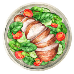 Fresh salad - cucumbers, tomatoes, chard, spinach and grilled chicken fillet