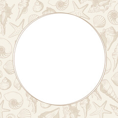 Round seashells frame. Sea and ocean design template. Vector illustration