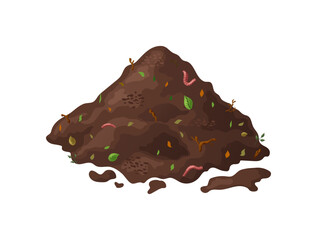 Organic soil heap for compost, garden recycling natural garbage. Earth worms and biodegradable trash. Vector illustration