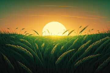 Summer Sun Shining Over Agricultural Landscape Of Green Wheat Field. Young Green Wheat In Sunset Dawn Time. June Month. Generative AI