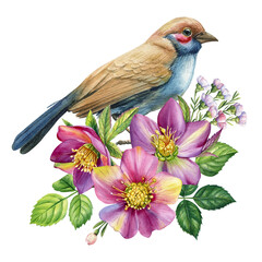 Spring bird and hellebore flower, watercolor illustration floral on isolated white background. 