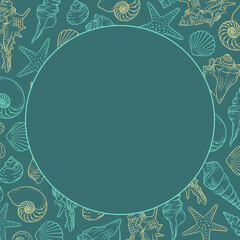 Round seashells frame. Sea and ocean design template. Vector illustration