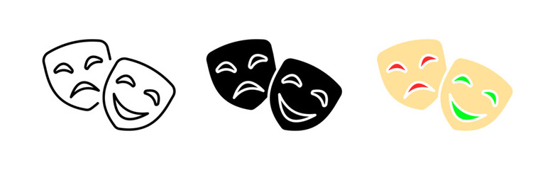 Performance set icon. Film strip, carnival mask, theater, opera, cinema, star, rating, first place, theater group, achievement. Vector icon in line, black and colorful style on white background