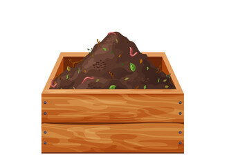 Organic soil heap for compost in wooden box, garden recycling natural garbage. Earth worms and biodegradable trash. Vector illustration