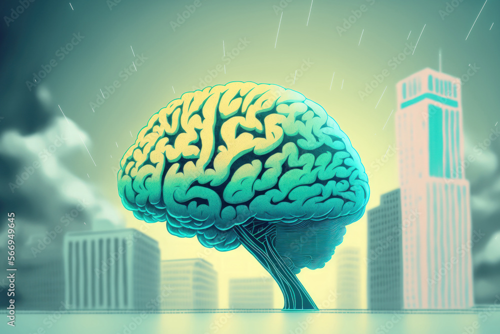 Poster sketch of a human brain on a virtual, creative ai hologram with a background of hazy skyscrapers. tw