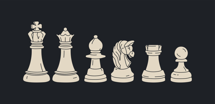 Black chess pieces. Queen pawn and king isolated. Chessboard