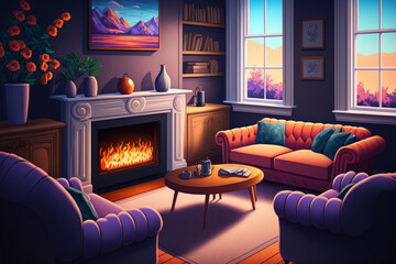 Stylish living room interior with electric fireplace, comfortable sofas and beautiful decor elements. Generative AI
