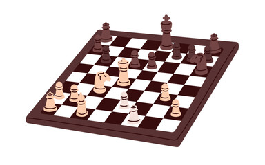 Chessboard and chess pieces. Strategy board game. Figures opponents on checkerboard. Battle, fight, championship of competitors teams concept. Flat vector illustration isolated on white background