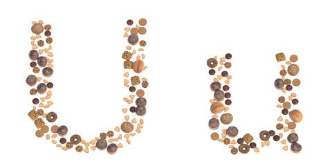 Concept or conceptual set of pastry delicious products forming the font U. 3d illustration metaphor for education, school, agriculture, traditional and rustic, organic, healthy and natural.