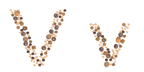 Concept or conceptual set of pastry delicious products forming the font V. 3d illustration metaphor for education, school, agriculture, traditional and rustic, organic, healthy and natural.