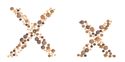 Concept or conceptual set of pastry delicious products forming the font X. 3d illustration metaphor for education, school, agriculture, traditional and rustic, organic, healthy and natural.