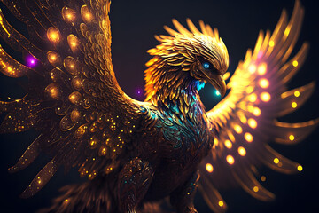Phoenix étincelant en or au regard lumineux » IA générative