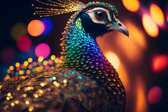 Portrait d'un paon aux couleurs arc-en-ciel &raquo; IA g&eacute;n&eacute;rative