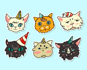 Big bundle of isolated vector elements of kitten birthday party decoration and calibration, flat Colorful vector icon illustration