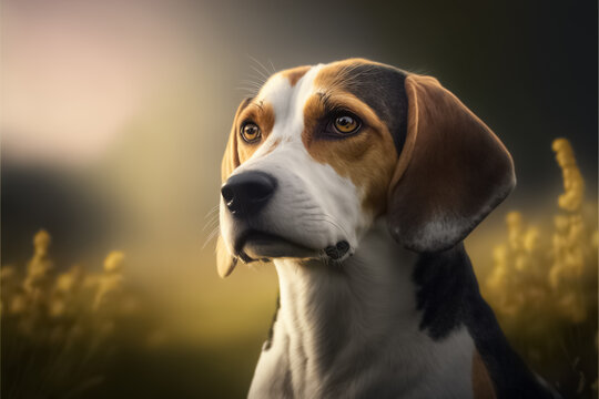 Portrait photo of an adorable Beagle dog. Beagle closeup view. Confident purposeful Dog looking left. Field around. A beautiful dog photo for advertises. generative AI
