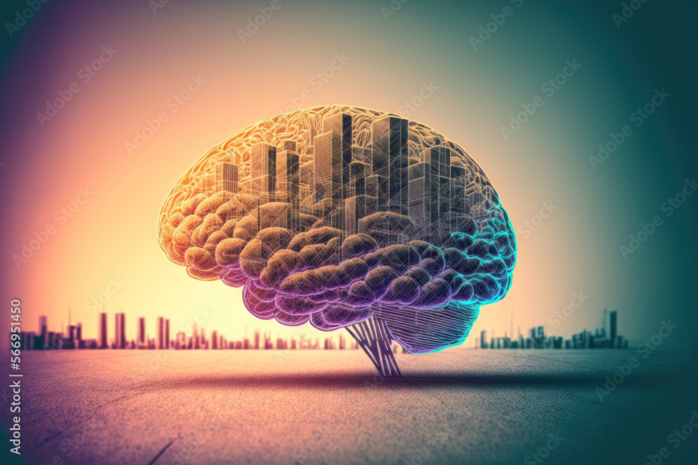 Poster sketch of a human brain on a virtual, creative ai hologram with a background of hazy skyscrapers. tw