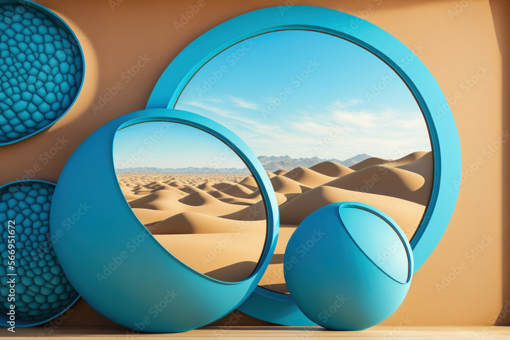 Poster spherical mirror geometric figures set on an abstract amazing panoramic background of desert sand du