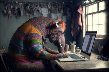 Elephant working on computer, Generative AI