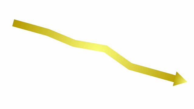 Animated golden arrow. Recession chart of economy. Economic crisis, recession, decrease graph. Profit down. Vector illustration isolated on white background.