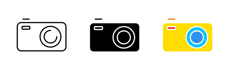 Photo cameras set icon. Take pictures, image, photographer, digital, celluloid, film, data storage. Technology concept. Vector icon in line, black and color style on white background